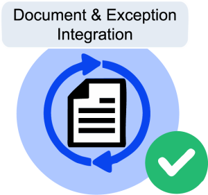 Graphic labeled “Document & Exception Integration” showing a document icon surrounded by circular arrows inside a blue circle with a green circle containing a white checkmark in the lower right.
