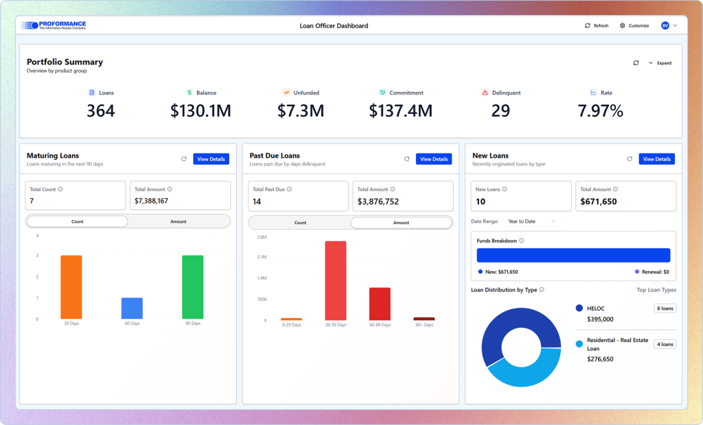 INFO-ACCESS banking dashboard displaying loan portfolio metrics, balances, delinquency tracking, and performance analytics for financial institutions.