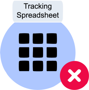 Graphic labeled “Tracking Spreadsheet” showing a grid icon inside a blue circle with a red circle containing a white “X” in the lower right.