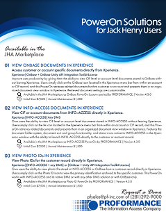 Promotional graphic for PowerOn Solutions by Proformance featuring three Jack Henry Xperience add-ons: View OnBase Documents in Xperience, View Info-Access Documents in Xperience, and View Vendor Docs in Xperience, with a blue wave design and Proformance branding.