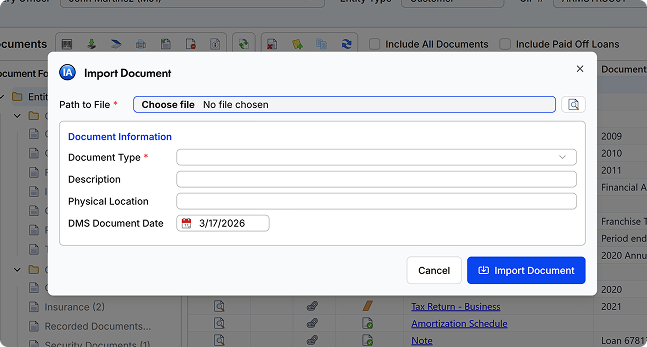Import Document modal showing file upload field and form inputs for document type, description, physical location, and document date.