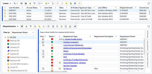 Loan management dashboard displaying a list of loans with borrower details and a requirements panel showing document statuses and compliance items.